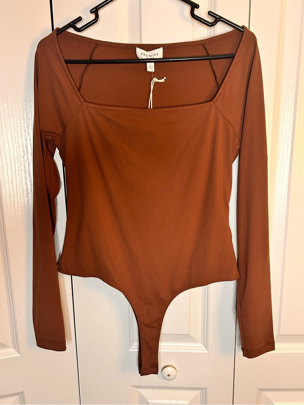 Promise The Label Women's L Rust Brown Long-Sleeve Square Neck Thong Bodysuit